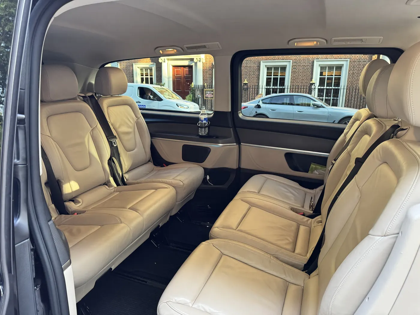 Leather-seated cabin of a Mercedes-Benz V-Class private transfer van